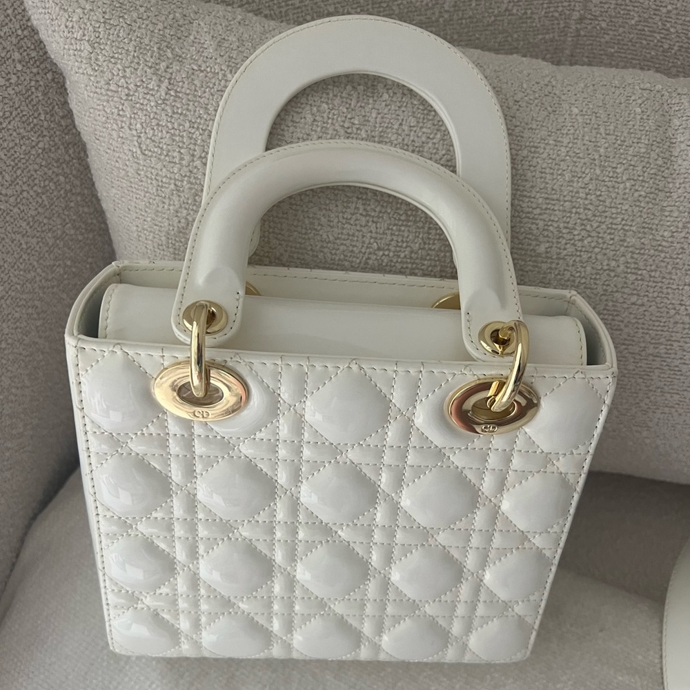 Vintage Cannage CD Lady Diana Bag Crossbody Patent Leather White Shoulder Strap